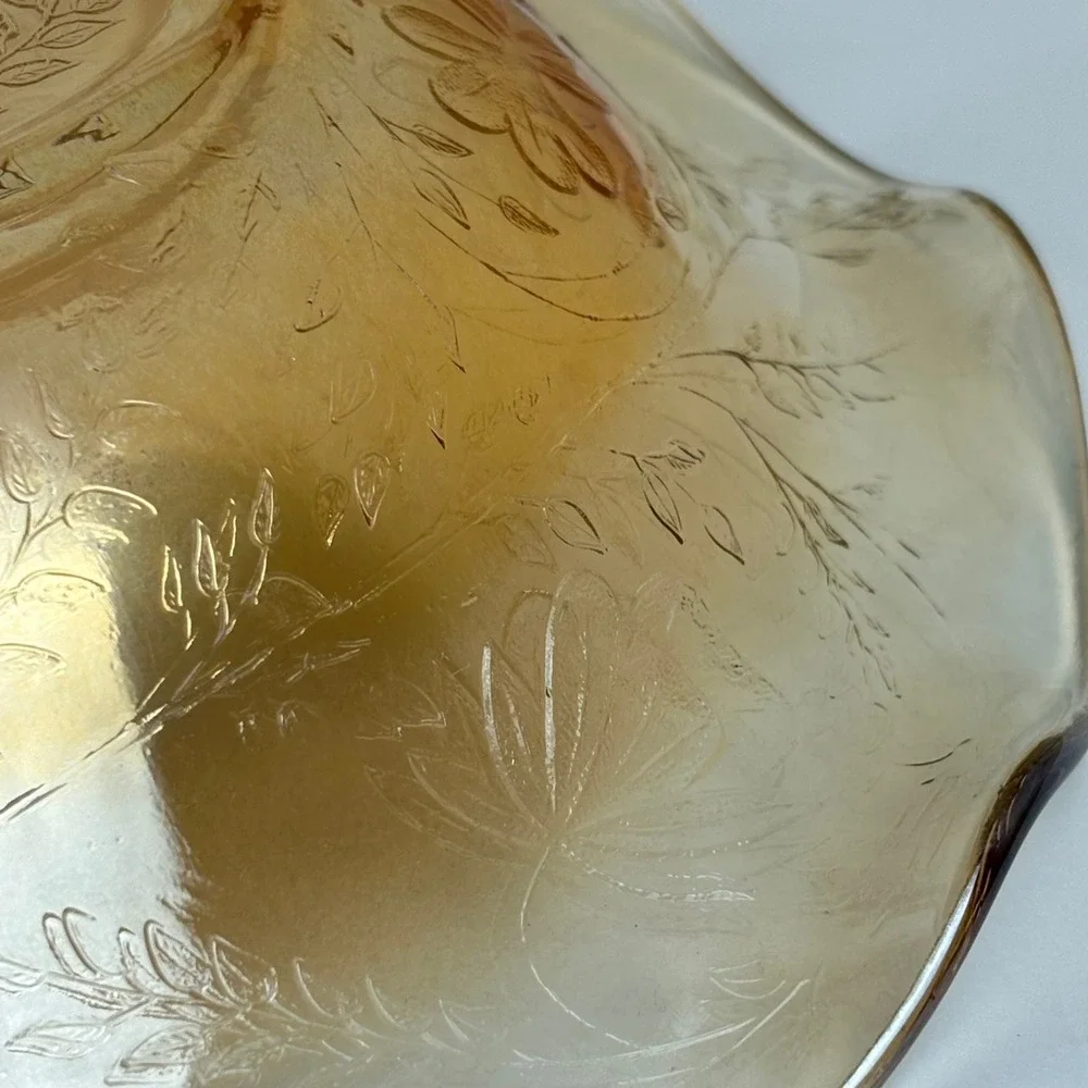 Vintage Amber Carnival Glass‎ Bowl — Raised Floral Pressed Pattern Scrolled Edge